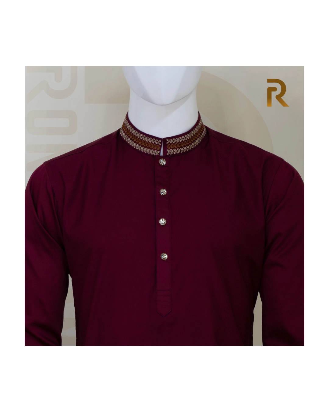 Premium Maroon Embroidered Cotton Panjabi with Designer Collar & Metal Snap Button