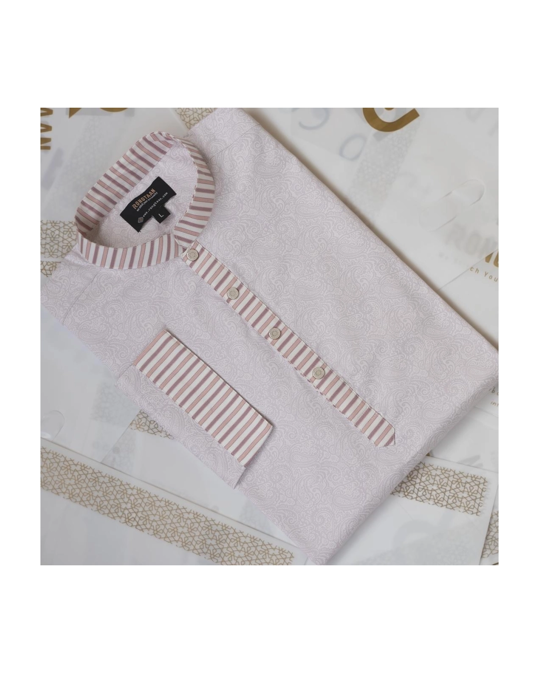 Classic Pink Print Design with Contrast Stripe Collar Premium Cotton Combo Panjabi with Designer Snap Buttons