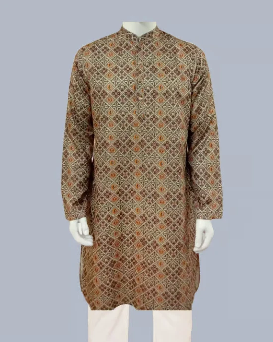 Multicolored Pattern Design Cotton-Poly Slim Fit Panjabi for Men