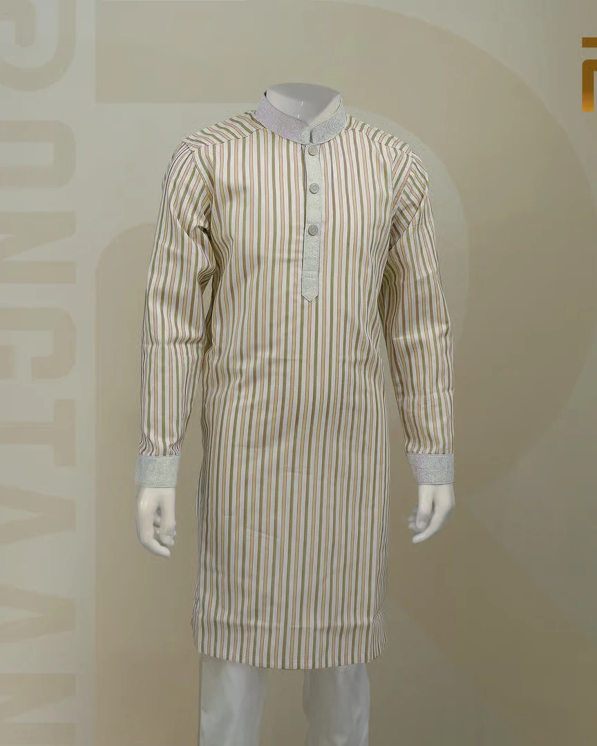 Classic Yellow Stripe with Contrast Print Design Premium Cotton Kid's Single Panjabi with Designer Snap Buttons