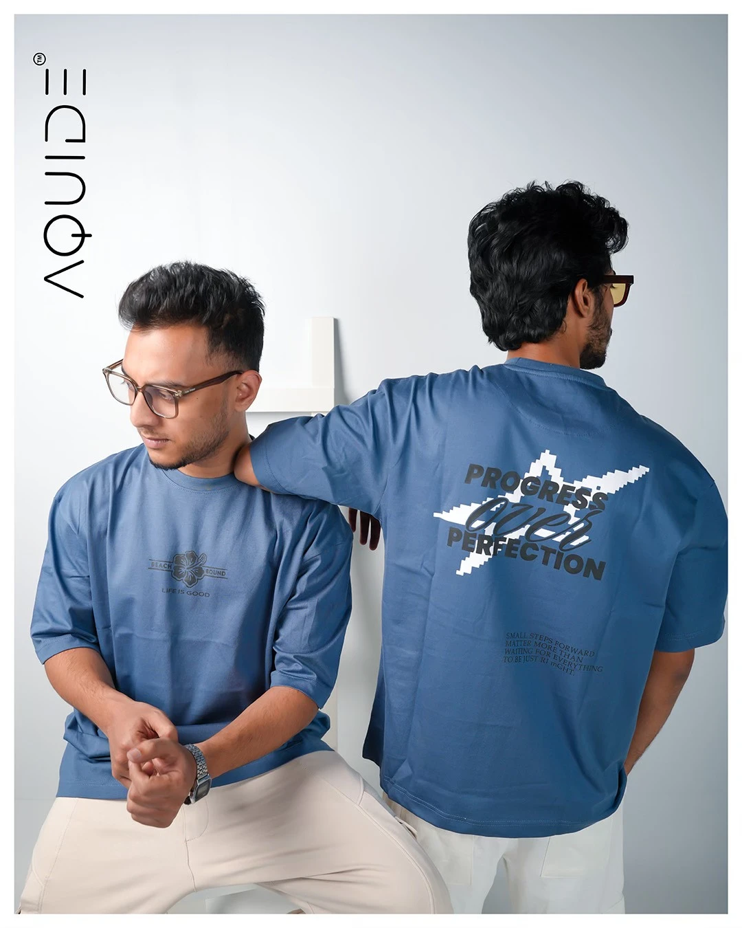 AQUIDE "Progress Over Perfection" Steel Blue Drop Shoulder Tee