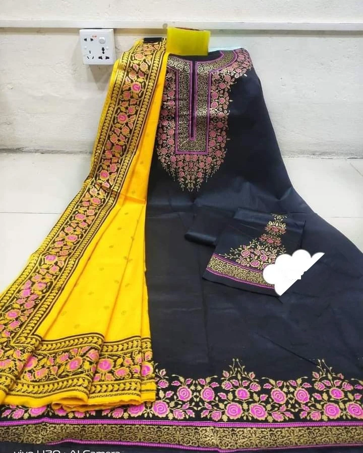 Midnight Black & Mustard Floral Embroidered 3-Piece Salwar Kameez Suit