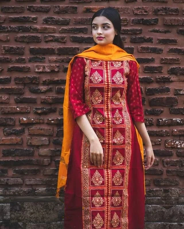 Maroon & Mustard Ethnic Motif Print 3-Piece Salwar Kameez Suit