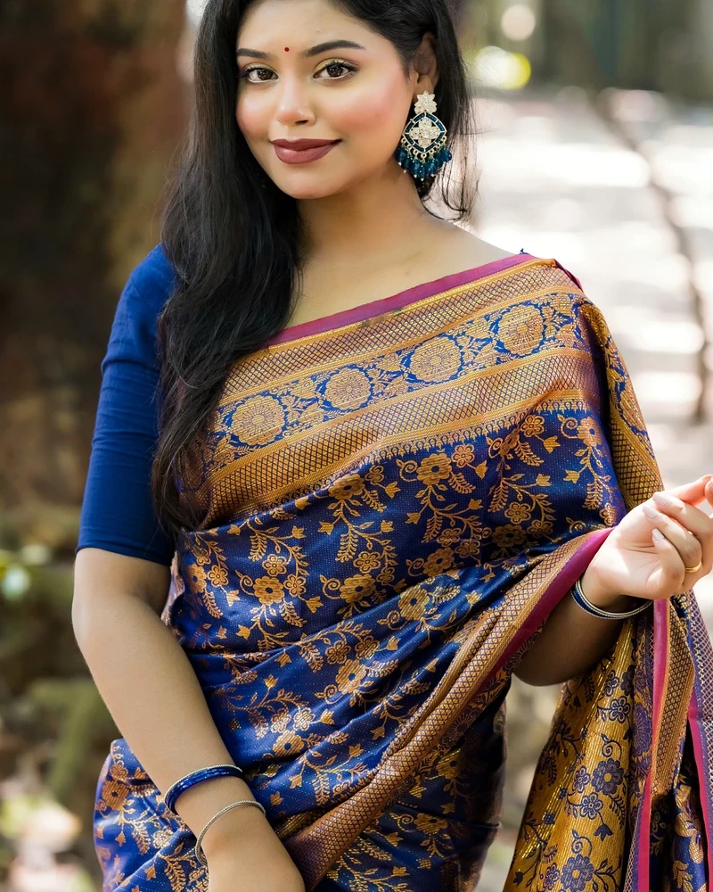 Royal Blue Kanji Silk Katan Saree – Majestic Night Edition