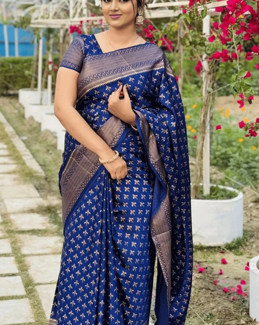 Midnight Blue Serenity Japanese Soft Silk Saree