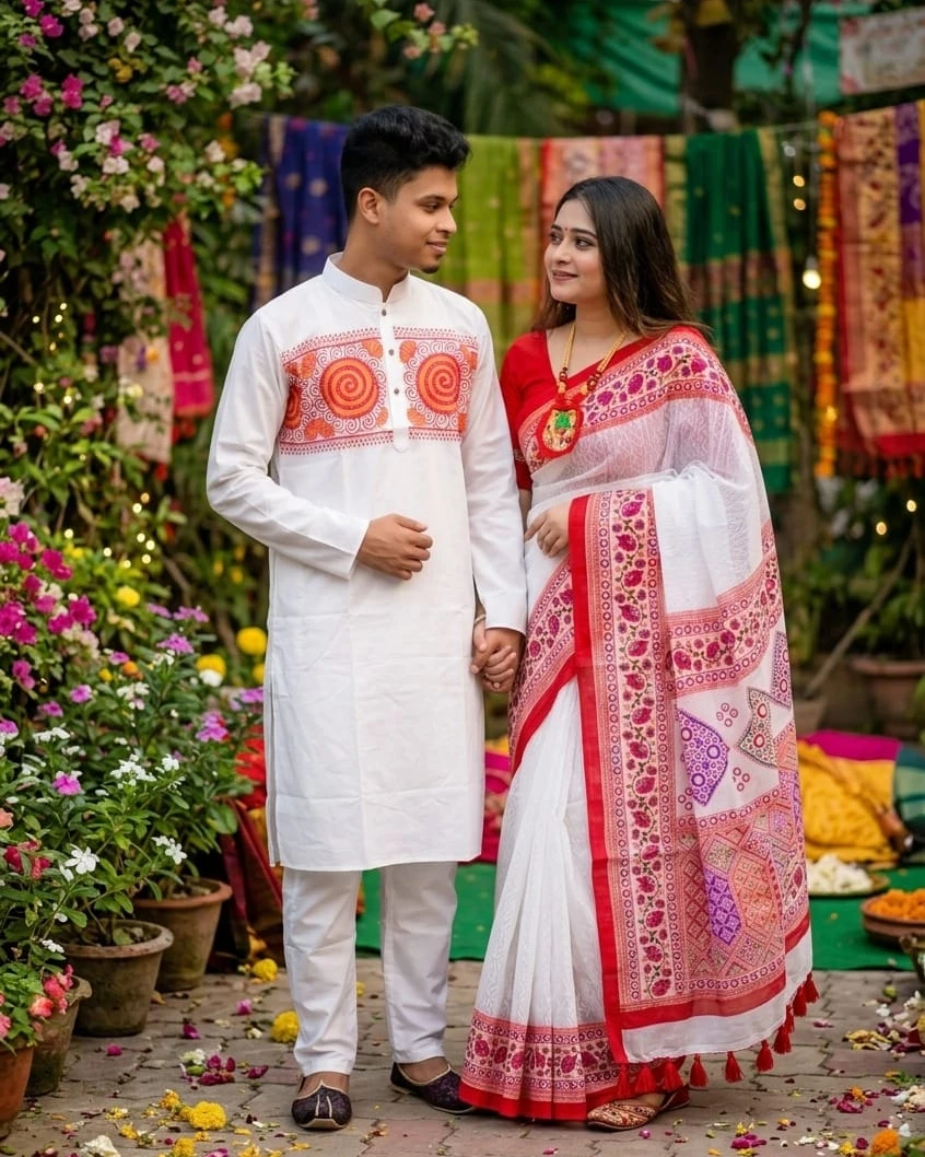 Festive Aura Boishakhi Block-Print Couple Set