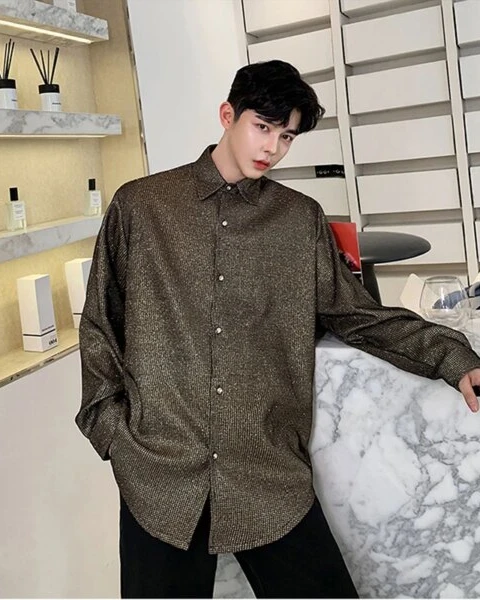 WTHT “Glimmer-Check” Plaid Spliced Sequins Loose Shirt