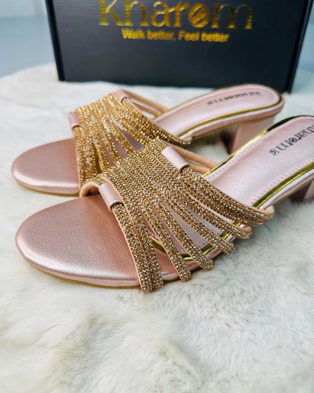 Midnight Rhinestone Strappy Block Heels-Golden