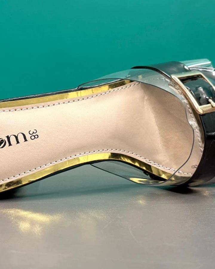 Noir Luxe Square-Toe Buckle Mules