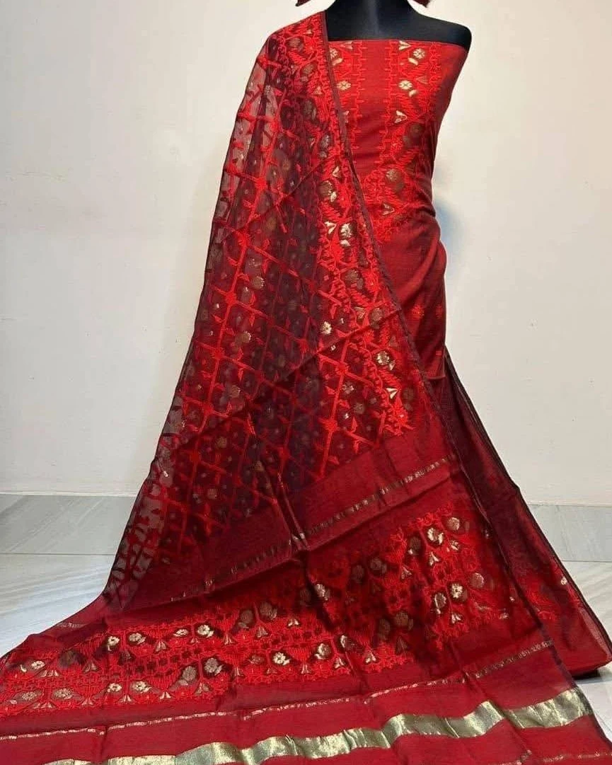 Scarlet Gold Tangail Tencel Jamdani