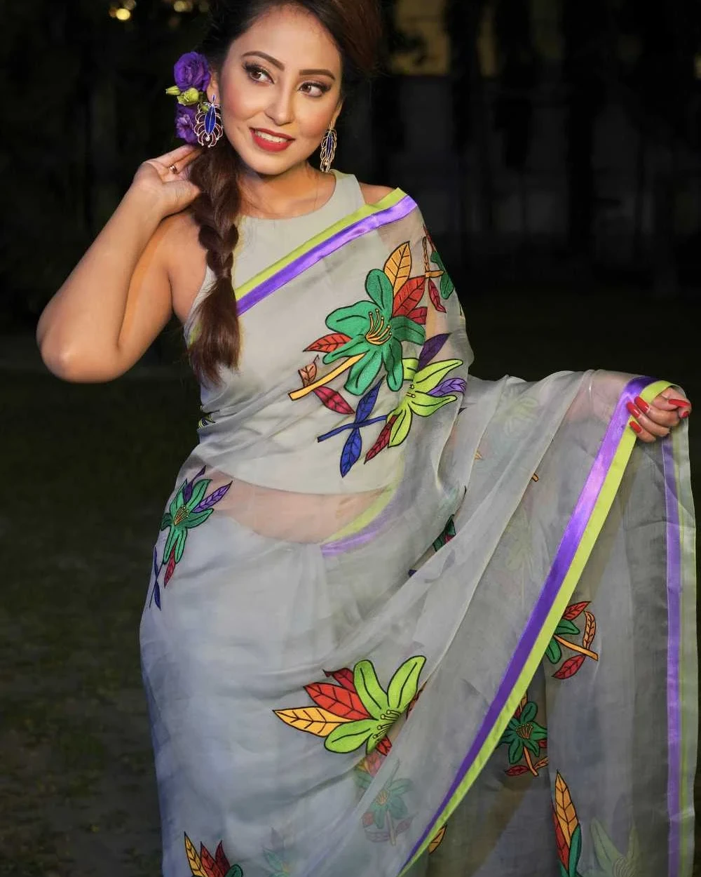 Green Flower Muslin Saree